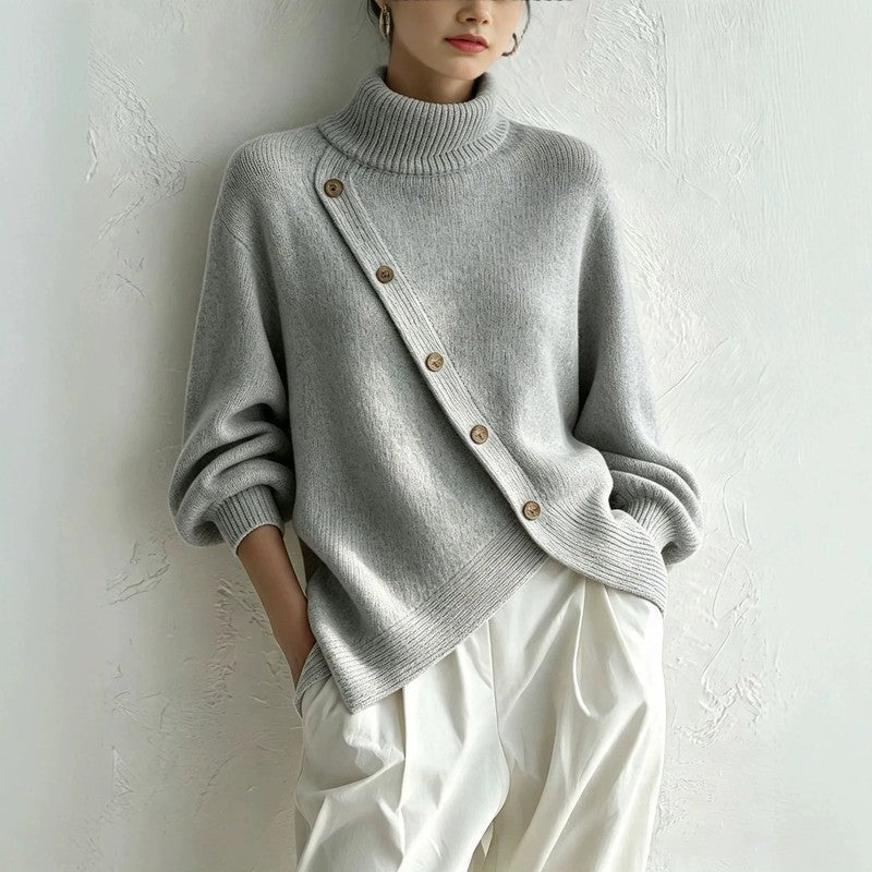 Catherine Asymmetric Button Turtleneck Sweater