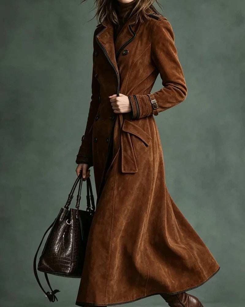 Alice Suede Double-Breasted Long Trench Coat
