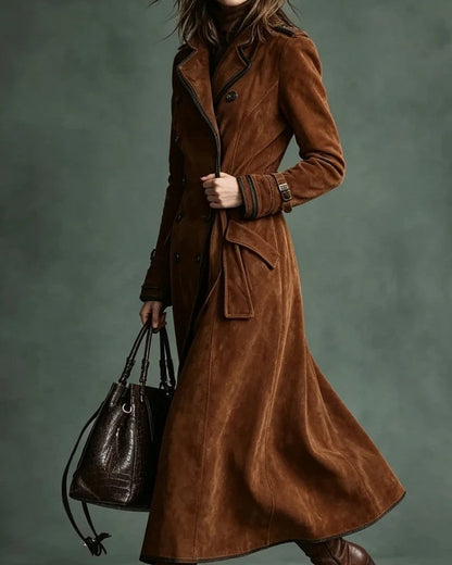 Alice Suede Double-Breasted Long Trench Coat