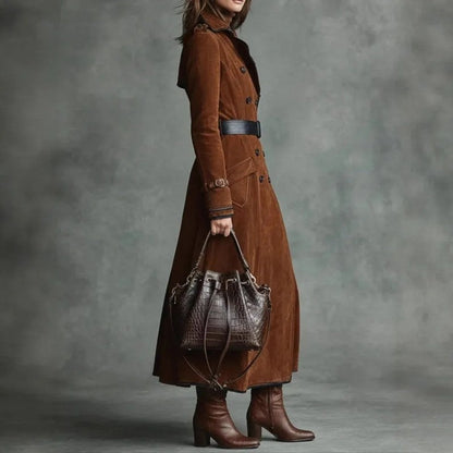 Alice Suede Double-Breasted Long Trench Coat