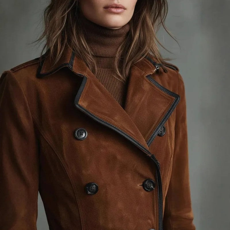 Alice Suede Double-Breasted Long Trench Coat