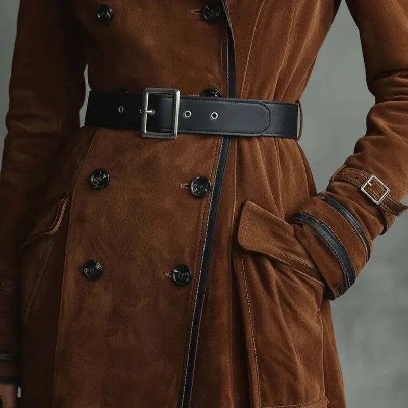 Alice Suede Double-Breasted Long Trench Coat