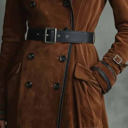 Alice Suede Double-Breasted Long Trench Coat