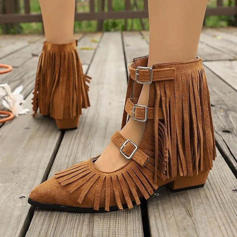 Brittany Fringe Buckle Ankle Boots