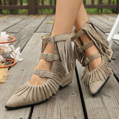 Brittany Fringe Buckle Ankle Boots