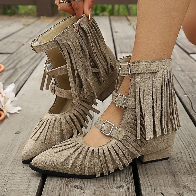 Brittany Fringe Buckle Ankle Boots