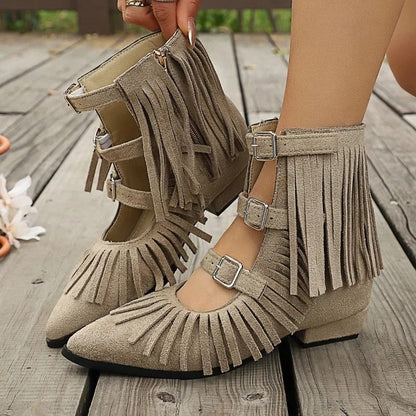 Brittany Fringe Buckle Ankle Boots