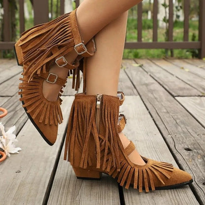 Brittany Fringe Buckle Ankle Boots