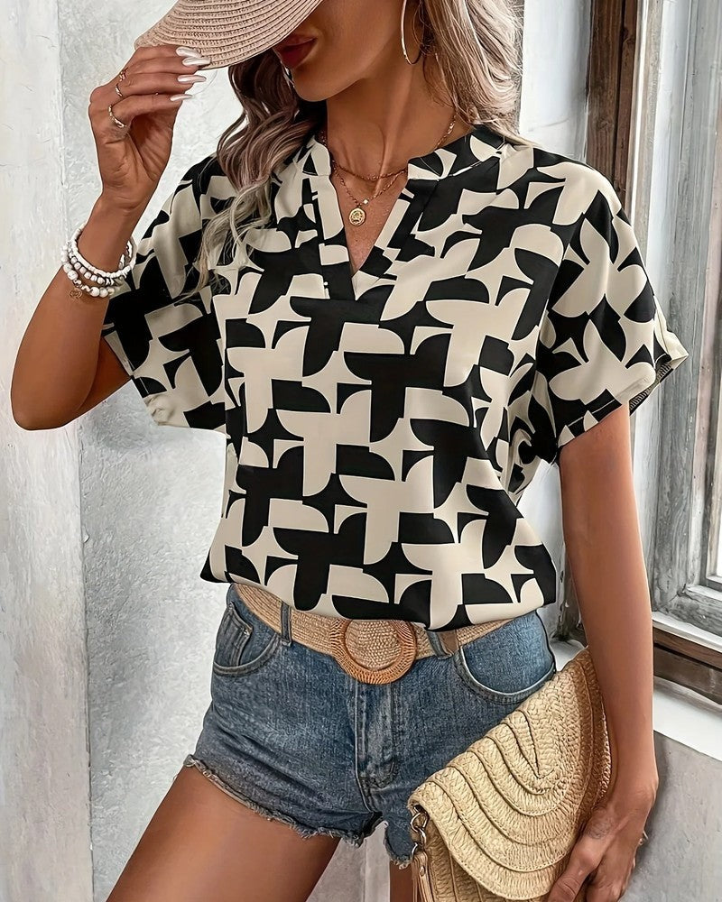 Camille Geometric Print V-Neck Blouse