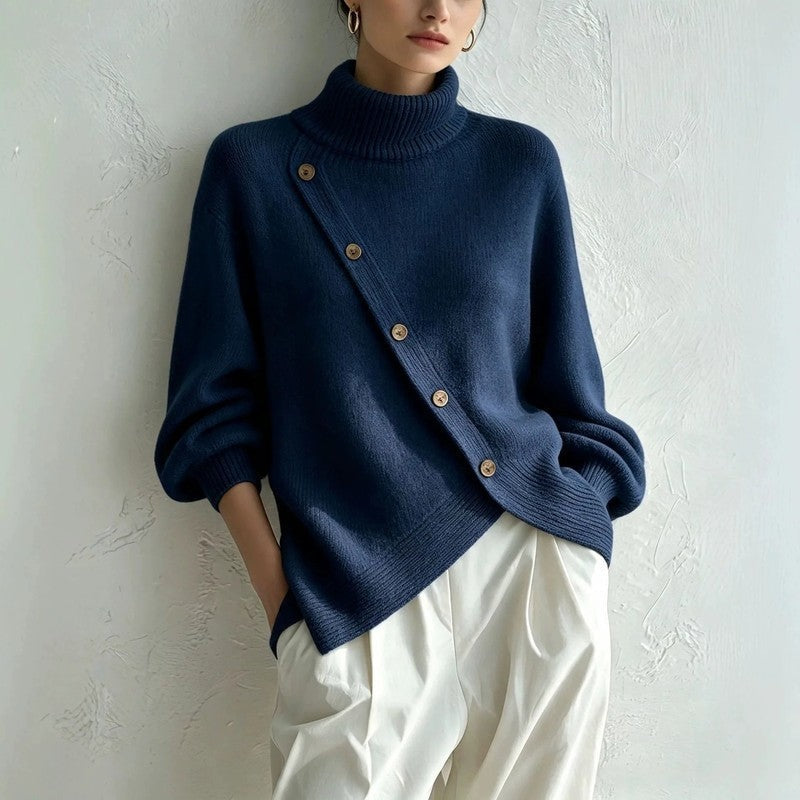 Catherine Asymmetric Button Turtleneck Sweater
