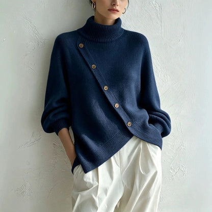 Catherine Asymmetric Button Turtleneck Sweater