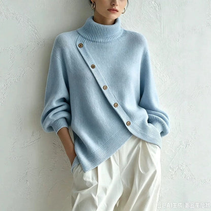 Catherine Asymmetric Button Turtleneck Sweater