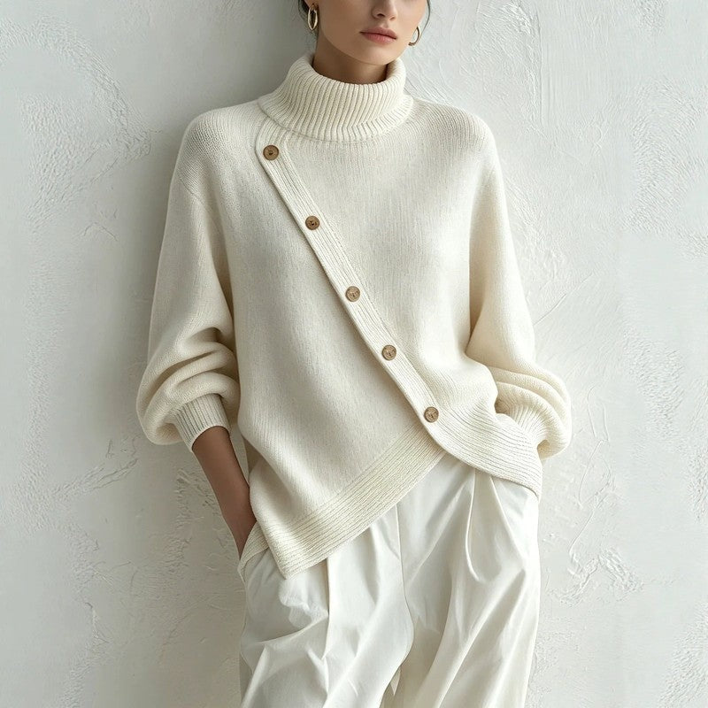 Catherine Asymmetric Button Turtleneck Sweater