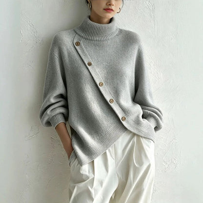 Catherine Asymmetric Button Turtleneck Sweater