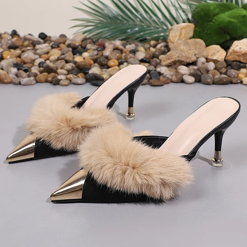 Christine Women's Fur Pointed Toe Mule Heels