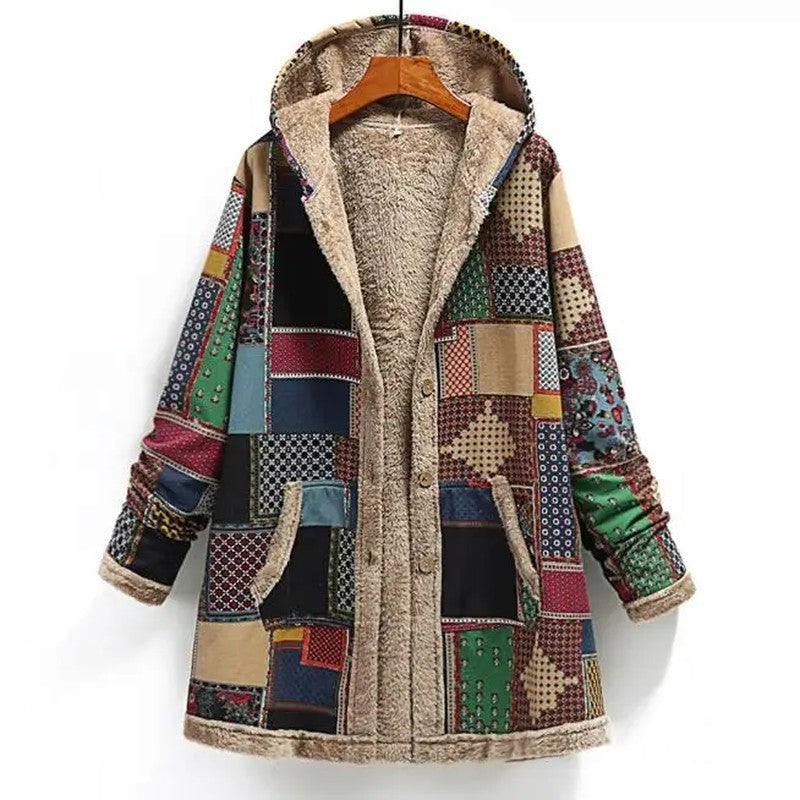 Daphne Women's Hooded Fleece Lined Patchwork Coat