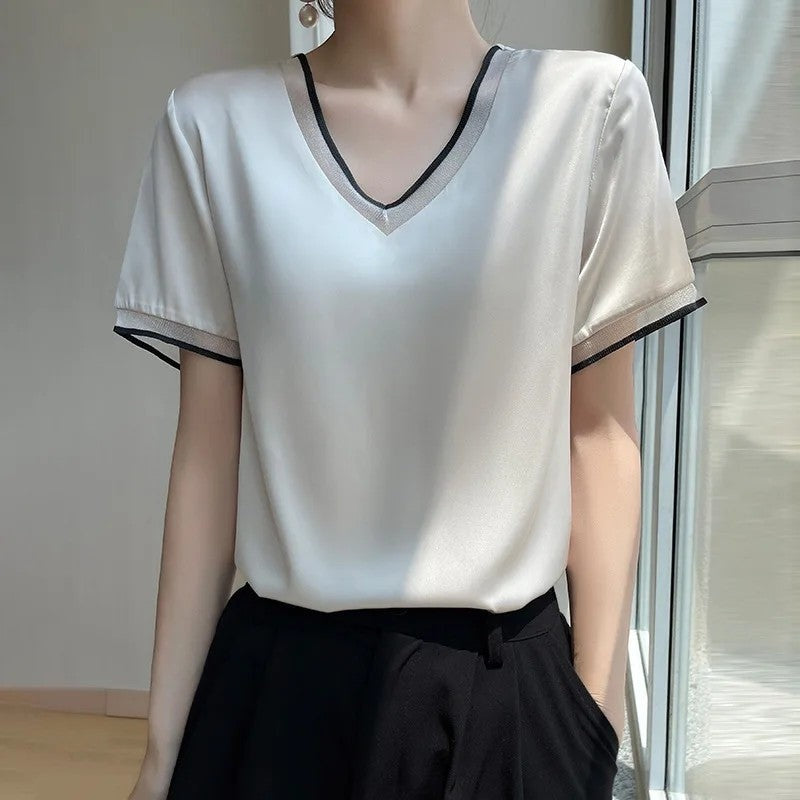 Diana Relaxed Contrast Trim V-Neck Blouse