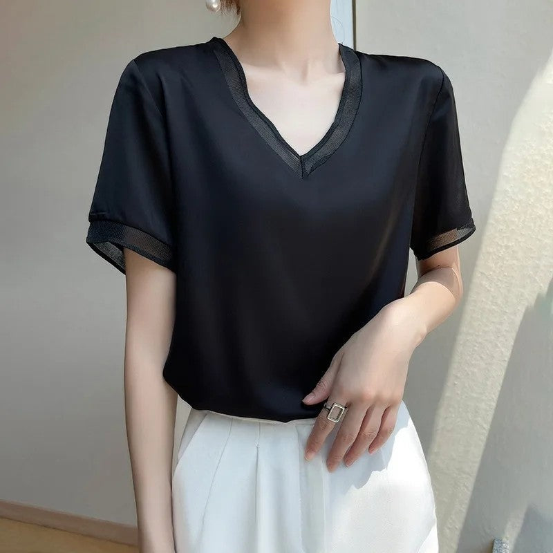Diana Relaxed Contrast Trim V-Neck Blouse