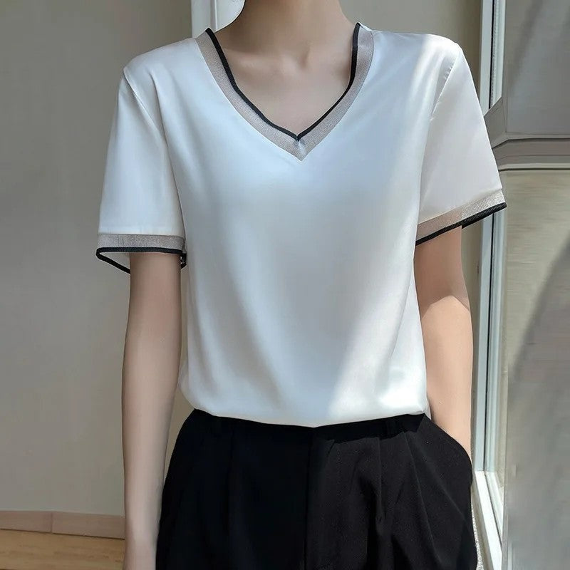 Diana Relaxed Contrast Trim V-Neck Blouse