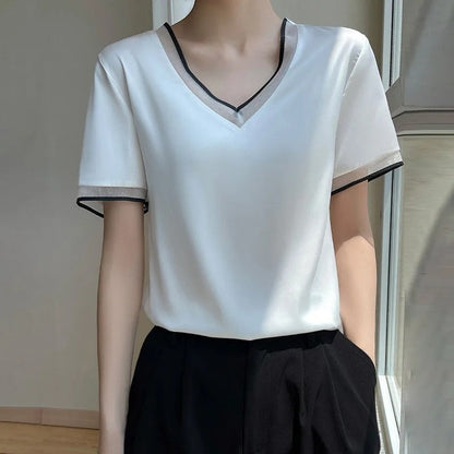 Diana Relaxed Contrast Trim V-Neck Blouse