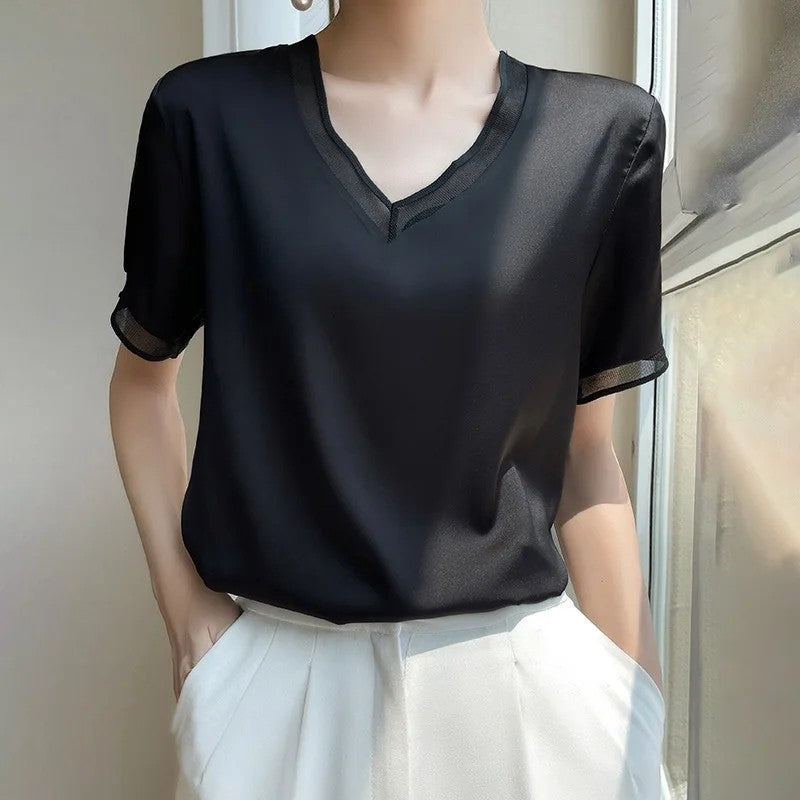 Diana Relaxed Contrast Trim V-Neck Blouse