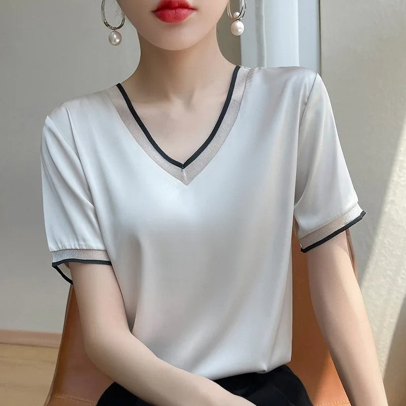 Diana Relaxed Contrast Trim V-Neck Blouse