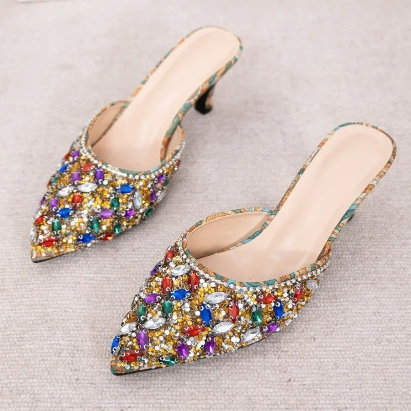 Diana Women's Embellished Jewel Pointed Mule Heels