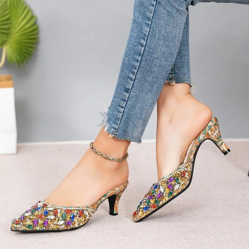 Diana Women's Embellished Jewel Pointed Mule Heels