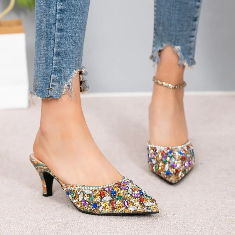 Diana Women's Embellished Jewel Pointed Mule Heels