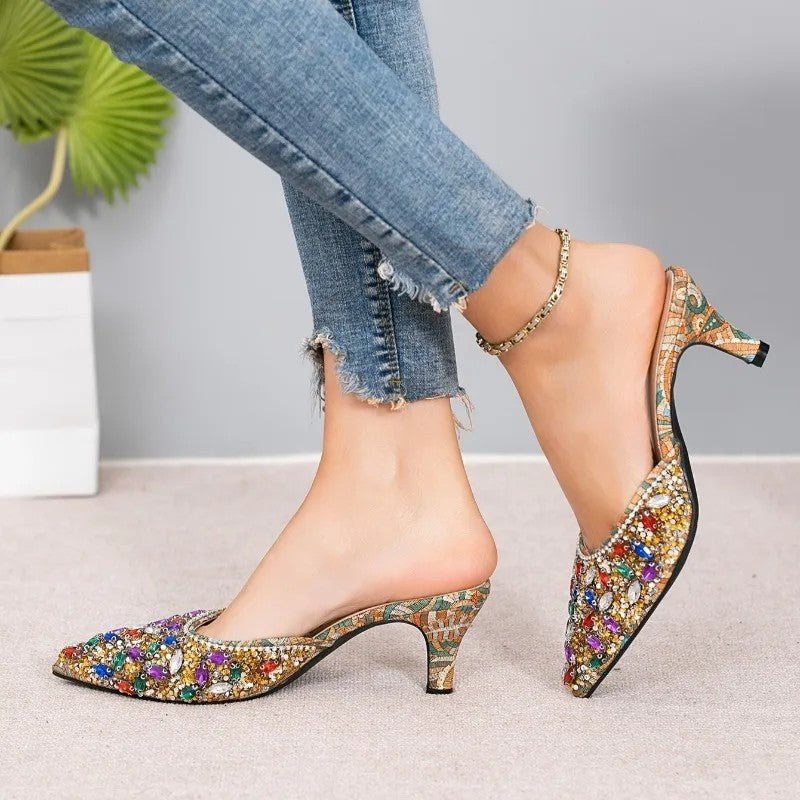 Diana Women's Embellished Jewel Pointed Mule Heels