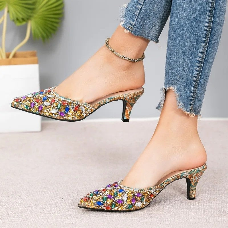 Diana Women's Embellished Jewel Pointed Mule Heels