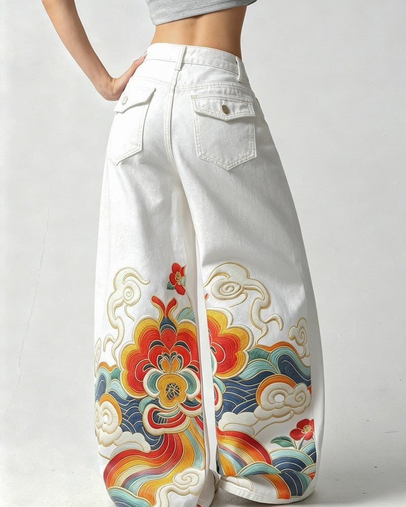 Elisa Embroidered Wide-Leg Denim Jeans