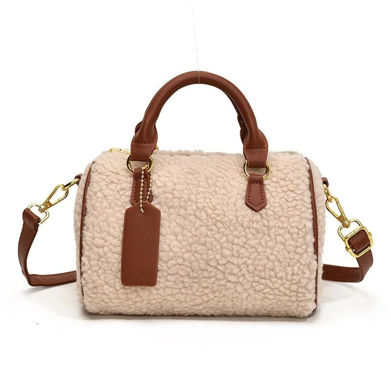 Greta Shearling Trim Barrel Satchel Bag