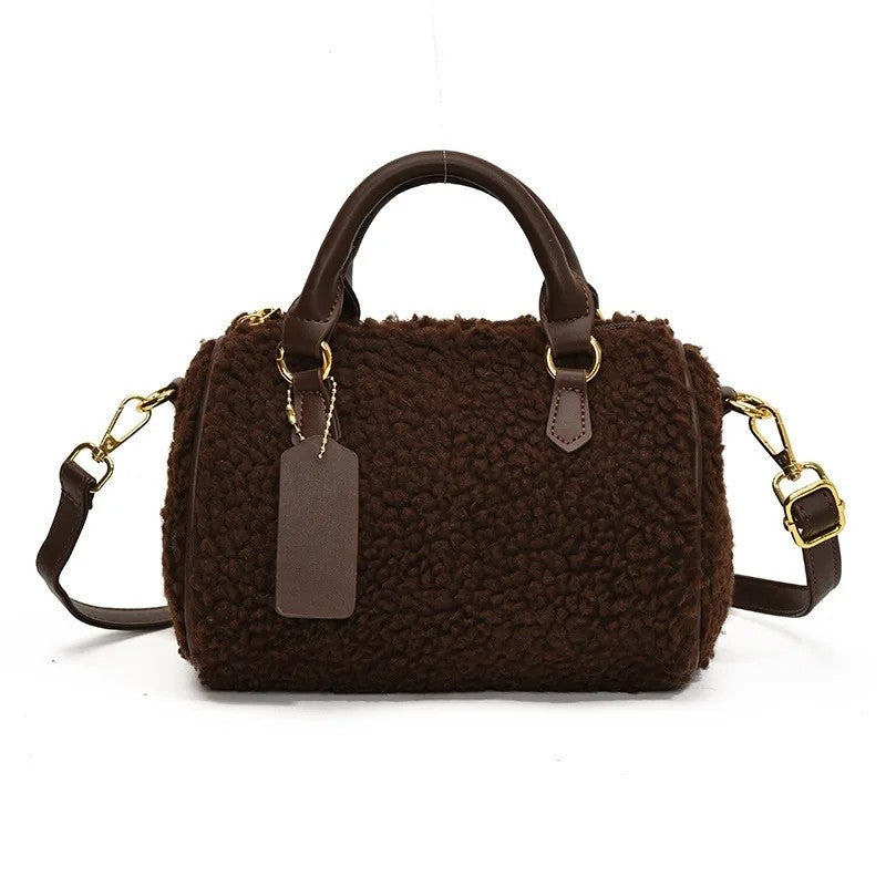 Greta Shearling Trim Barrel Satchel Bag