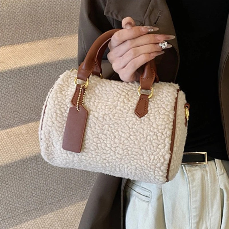 Greta Shearling Trim Barrel Satchel Bag