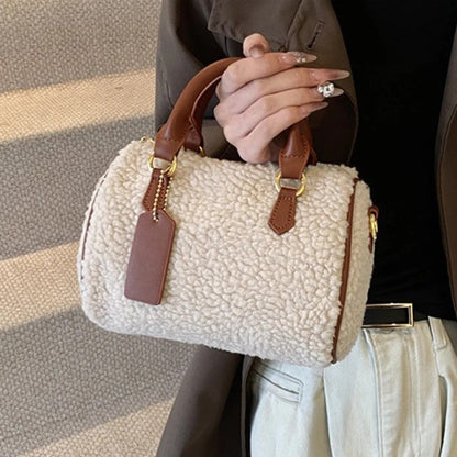 Greta Shearling Trim Barrel Satchel Bag