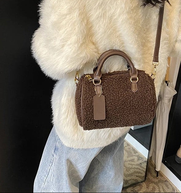 Greta Shearling Trim Barrel Satchel Bag