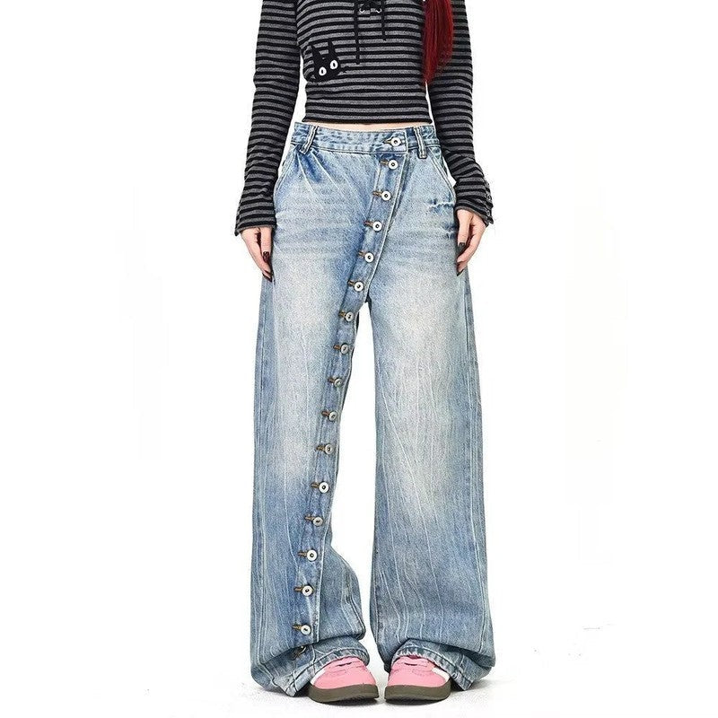 Hazel Relaxed Asymmetric Button Wide-Leg Jeans