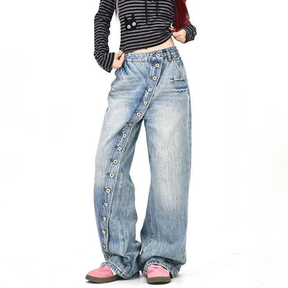 Hazel Relaxed Asymmetric Button Wide-Leg Jeans