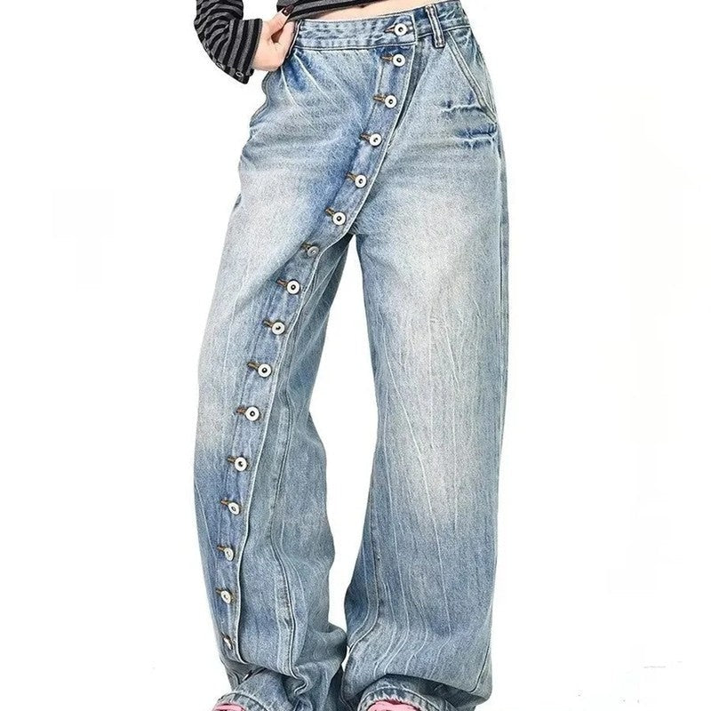 Hazel Relaxed Asymmetric Button Wide-Leg Jeans