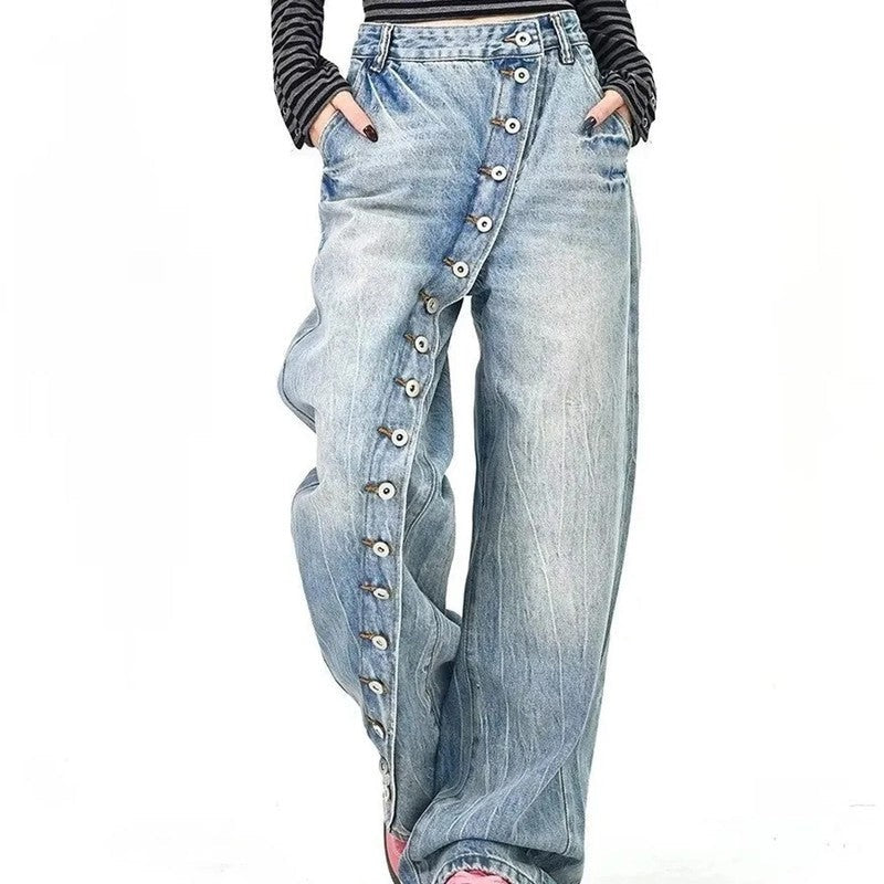 Hazel Relaxed Asymmetric Button Wide-Leg Jeans