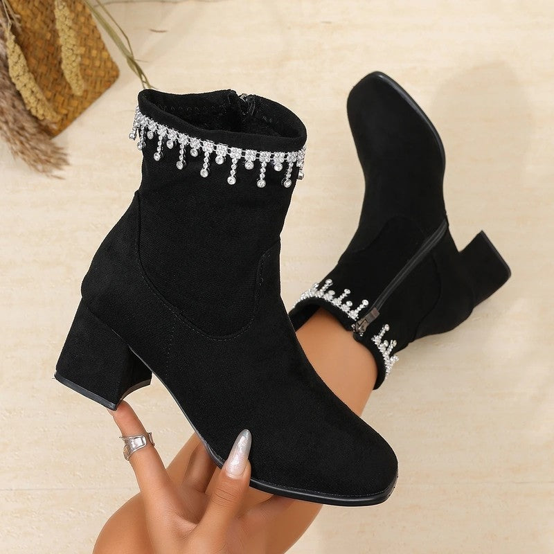 Iris Embellished Suede Block Heel Boots