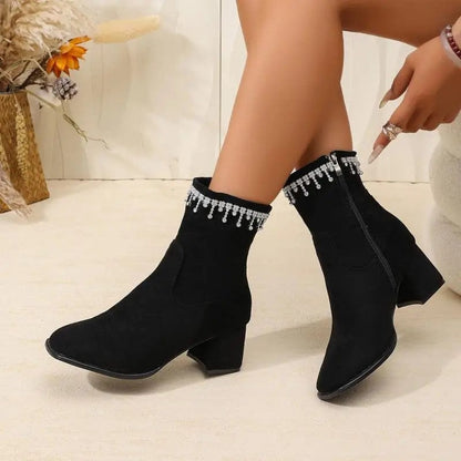 Iris Embellished Suede Block Heel Boots