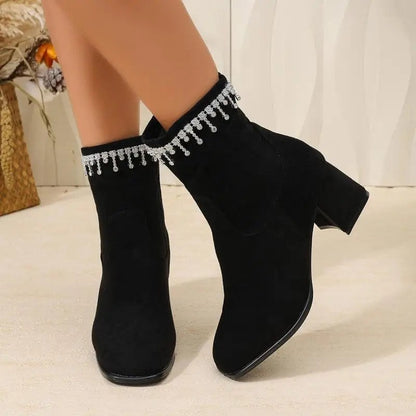Iris Embellished Suede Block Heel Boots