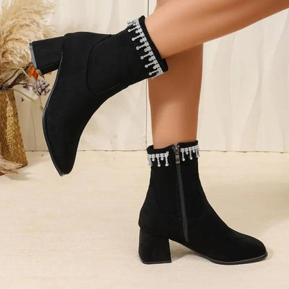 Iris Embellished Suede Block Heel Boots