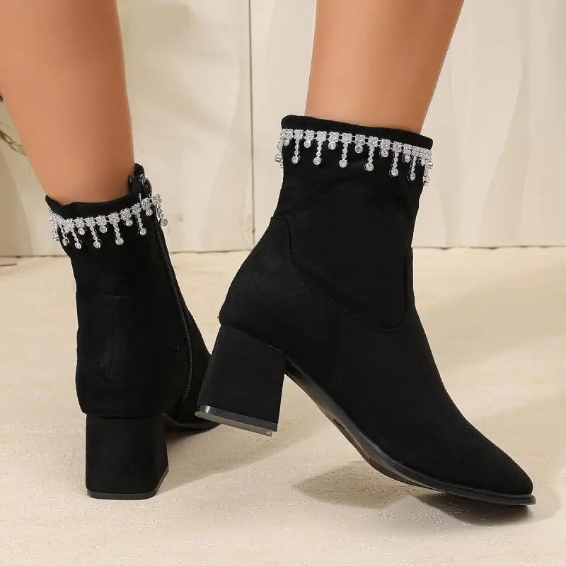 Iris Embellished Suede Block Heel Boots