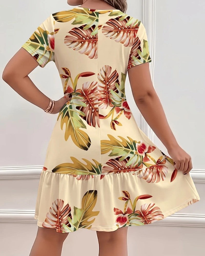 Ivy Women's Floral Leaf Print Tiered Mini Dress