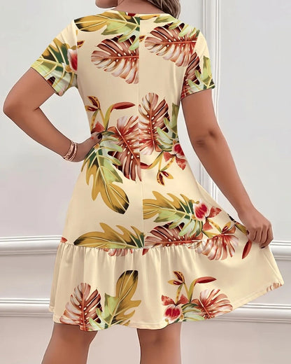 Ivy Women's Floral Leaf Print Tiered Mini Dress