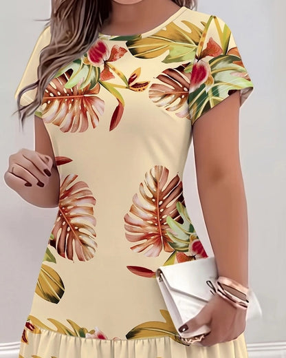 Ivy Women's Floral Leaf Print Tiered Mini Dress