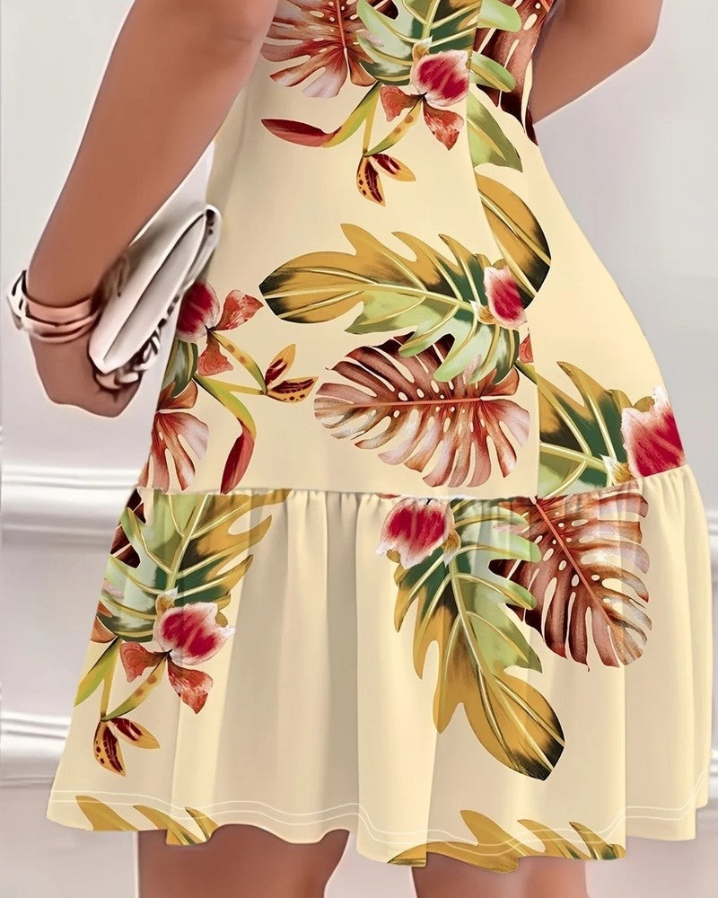 Ivy Women's Floral Leaf Print Tiered Mini Dress